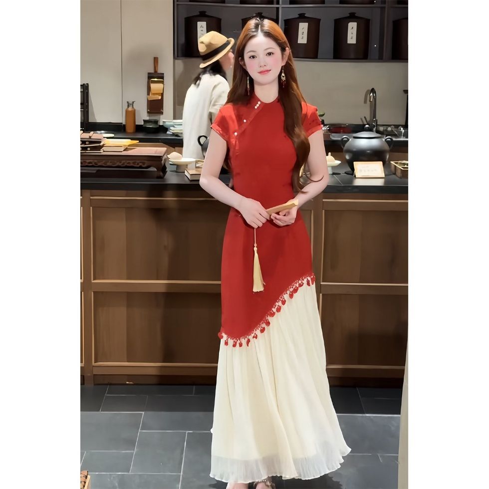 Qırmızı jakard milli üslubda qipao paltar, yay üçün