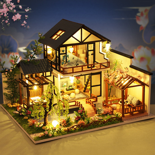 Retro Chinese style diy cabin Zhuxi Water Garden wooden hand-assembled national style courtyard villa model creative gift