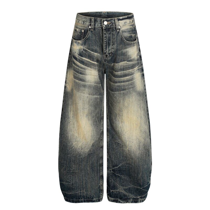 G6898 American High Street Retro Old High-End Washed Bamboo Pattern Design Men's and Women's Loose Scimitar Jeans