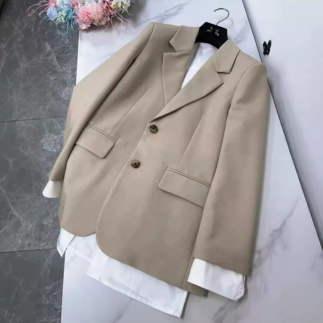 高级感杏色羊毛西装小众设计假两件气质优雅静奢风甜酷西服外套女