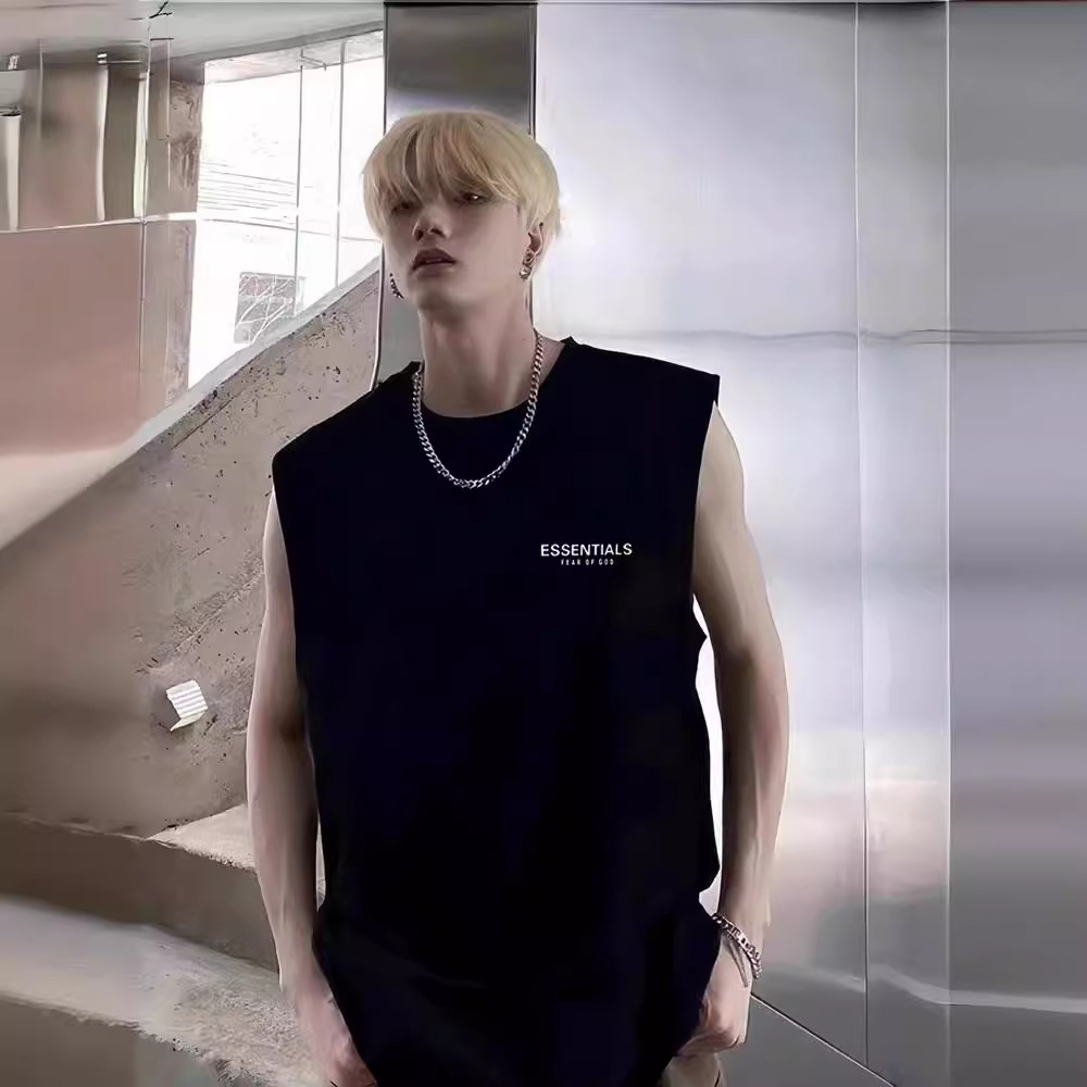 ESSENTIALS New Sleeveless Reflective Vest with Small Logo, Lettering, Sleeveless Casual Sports Vest, Unisex T-shirt