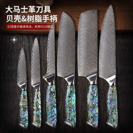 厂家批发大马士革刀具锻造厨师刀锋利菜刀家用切肉刀贝壳树脂手柄