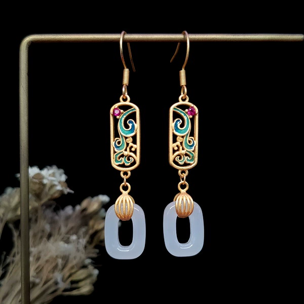 Ретро-Enamel серьги в виде защитного амулета, имитация нефрита, позолоченная филигрань, легкий