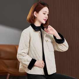 2025冬季新款时尚潮流简约拼接菱形保暖中2025妈妈短款棉服短外套