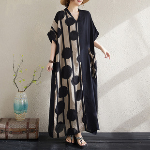Real Shot of 2025 Summer New Style Literary Large Size Loose Printed V Neck Short-Sleeved Dress Women's Long Skirt # 9817
