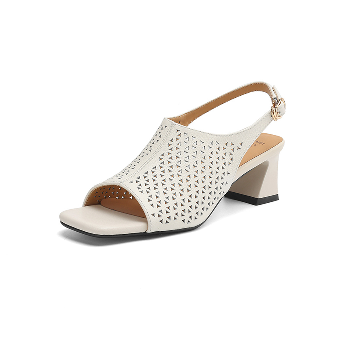 Sandal cao gót nữ hở mũi quai ngang đục lỗ da bò, gót 7 cm — Gạo trắng và cao 7 cm