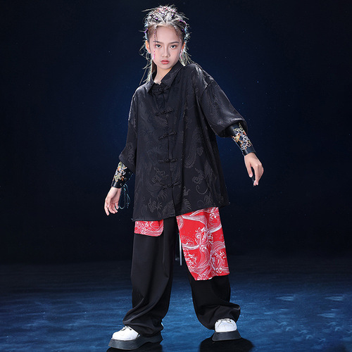 Kids' Streetwear with Chinese Style, Unisex Performance Suit Set for Children, Hip-Hop, Chinese New Year, National Trend Performance, Tang Suit