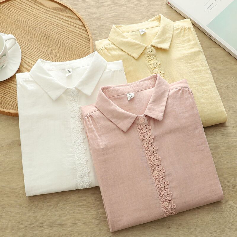 Spring New Style Japanese-Style Lace-Trimmed Double-Layer Gauze Shirt for Women, Long-Sleeve Solid Color Cotton Gauze Cardigan Top Spring New Style Japanese-Style Lace-Trimmed Double-Layer Gauze Shirt for Women, Long-Sleeve Solid Color Cotton Gauze Cardigan Top