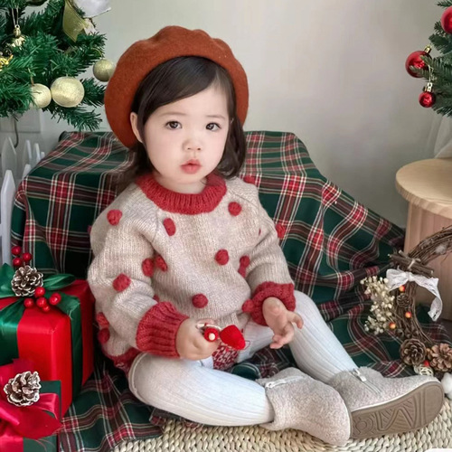 Children's Wool Blended Sweater Three-dimensional Handmade Ball Christmas Sweater Children's New Year Children's Clothing Wholesale First-hand Source