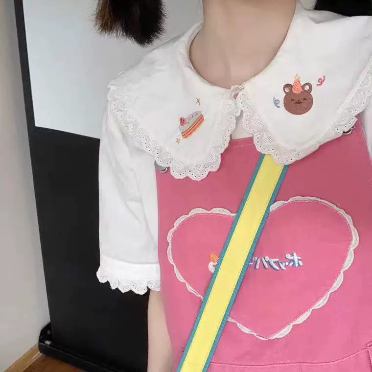 Оптовая продажа: рубашка с коротким рукавом в японском стиле, с воротником-стойкой, вышивкой медведя и кружевной отделкой, для студентов, модель 130kg года.
