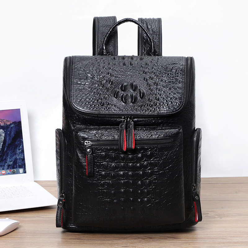 Ba lô da bò thật họa tiết vân cá sấu, ngăn laptop 15.6 inch, 30x11x40 cm — Biển kéo kim loại vân cá sấu, Vân cá sấu màu đen