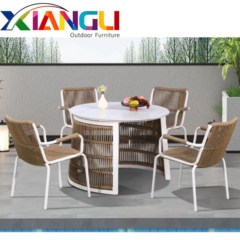 Aluminum Alloy Outdoor Hand-Woven Slate Table Set Hotel B&B Internet Celebrity Leisure Table and Chairs Garden Rattan Courtyard