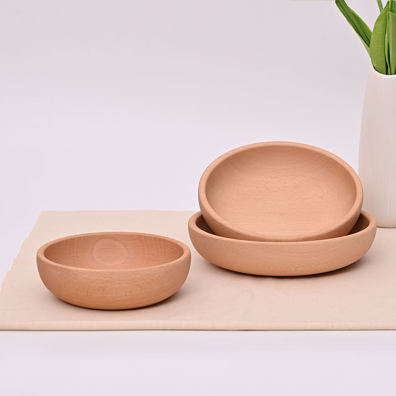 Suministro directo de fábrica, platos creativos de madera de haya, platos de madera maciza, platos de madera seca, platos de madera excavados en toda la madera, grandes cantidades y preferenciales