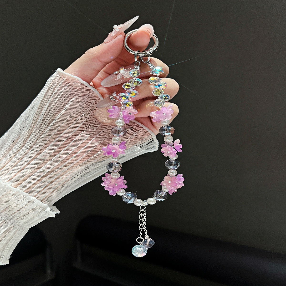 Cadena de teléfono móvil de cristal al por mayor, cadena colgante de carcasa de teléfono móvil de nicho, nueva gota de agua tridimensional, borla de copo de nieve, cordón de cuentas, hada