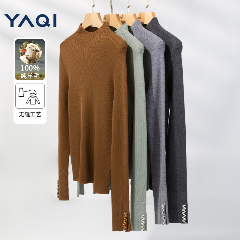 Early Autumn New Seamless 18 Pin Nails Rhinestone Mock High Neck Long Sleeve 100% Wool Knitted Base Shirt Women Slim Fit Top