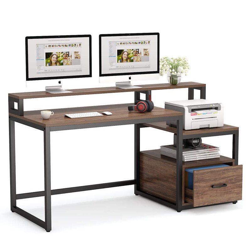 Computer Desk with File Drawer Storage Shelves Vintage Home Office Desk Writing Table Workstation with Storage Cabinet Computer Desk with File Drawer Storage Shelves Vintage Home Office Desk Writing Table Workstation with Storage Cabinet