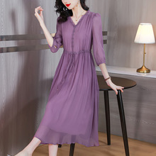 女士高档真丝连衣裙夏季2025新款轻奢名媛桑蚕丝裙领收腰法式裙