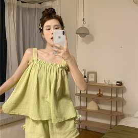 实拍韩版小清新ins亲肤婴儿双纱甜美吊带睡衣宽松家居服