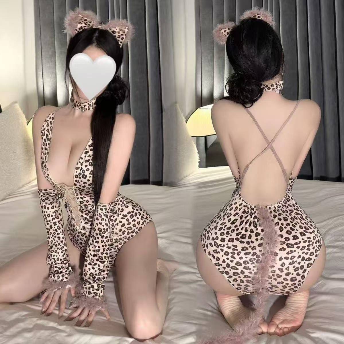 Qiaoduo Sexy Pure Desire Little Wild Cat Cos Leopard Print Cross Strap Uniform Temptation Bunny Girl Sexy Intimates Set