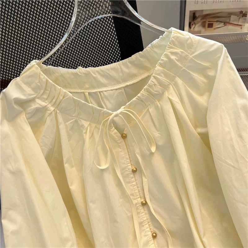Французская шифоновая рубашка Женская осень 2025 Новый круглый вырез с длинными рукавами рубашка свободная тонкая дизайн шнуровка