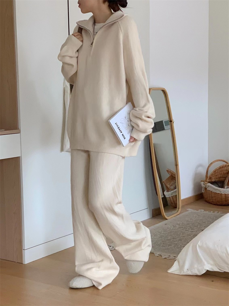 Women’s Korean Style Knit Sweater & Wide Leg Pants Set – Lapel Half-Zip Lounge Suit (One Size, 6 Colors)_voghion.com