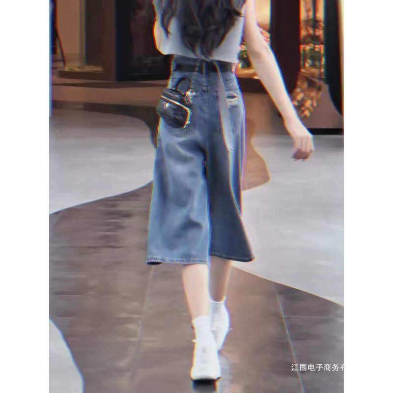 Plus-size ripped Tencel cropped jeans for women, summer thin style, plus-size ice silk high-waisted slimming straight wide-leg mid-length pants