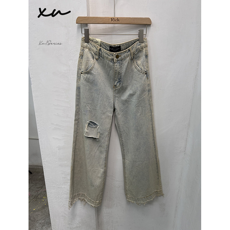 Physical Stores Are Closing Down, and Good Products Are on Clearance! Xu145 # M Size Women's Ripped, Frayed, Distressed, Loose-Fitting Denim Pants