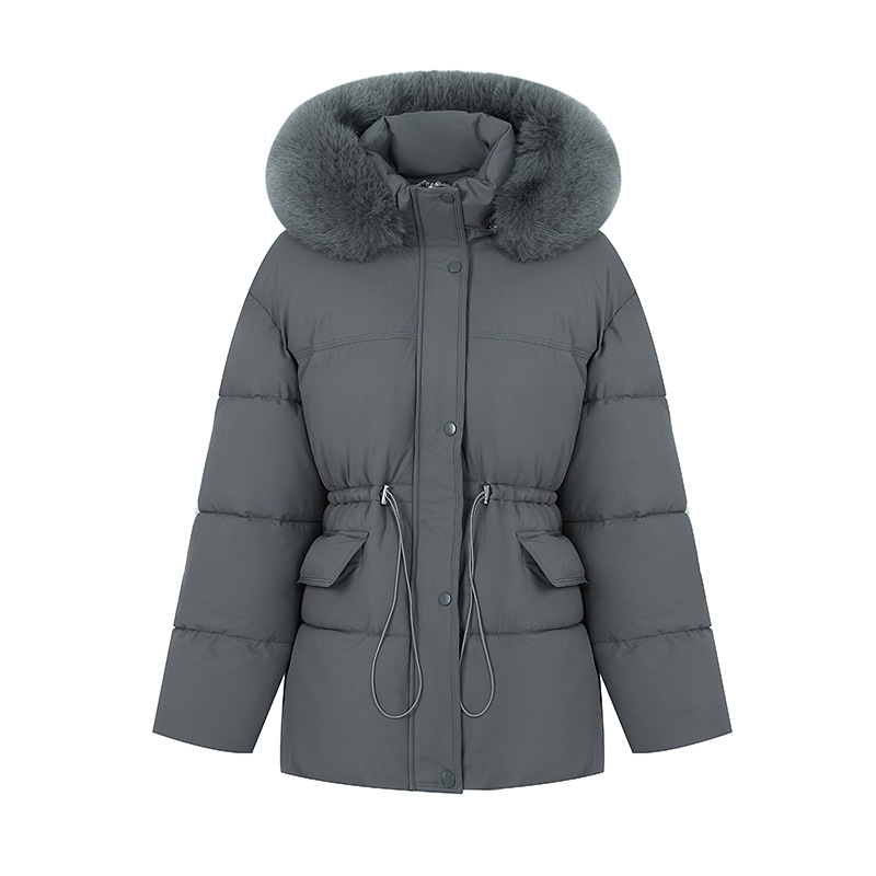 Invierno de 2025 nuevo estilo encapuchado cuello de pelo temperamento cintura retraída chaqueta de algodón de moda suelta chaqueta de algodón gruesa de moda