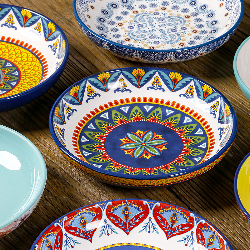 OMK Creative Ceramic Household Deep Soup Plate 9 Inch Salah Plate Underglaze Color Personalized Restaurant Plate Round