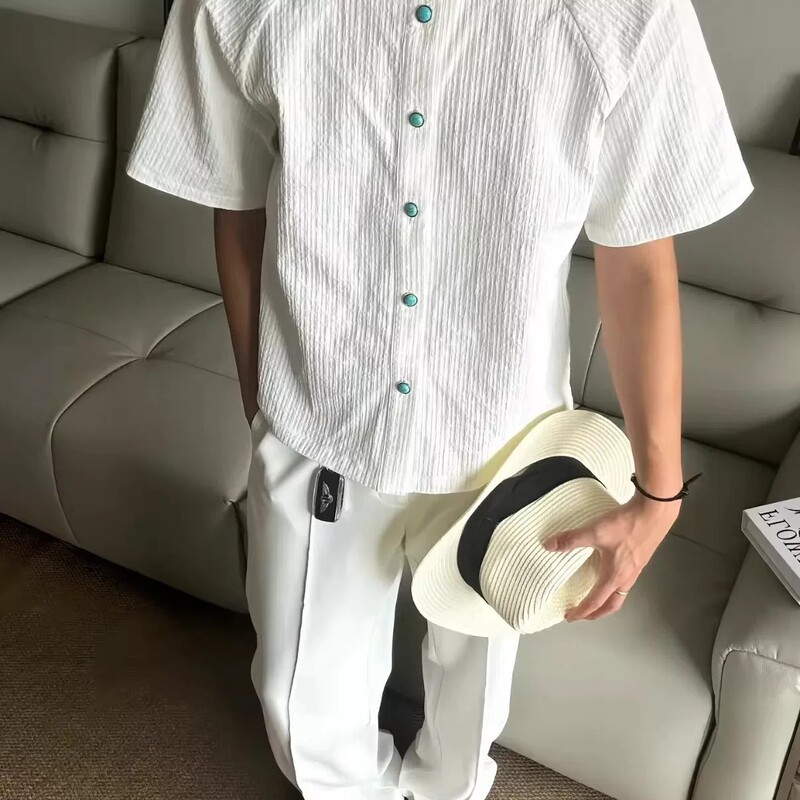 American-Style Ocean Tear Turquoise Short-Sleeve Shirt for Men and Women, Summer Old Money Style Boxy Textured Pleated Shirt Trend