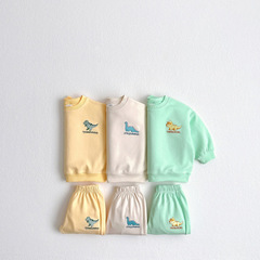 2024 Spring Collection New Medium and Small Children's Set Cotton Cute Dinosaur Embroidered South Korean Unisex Baby Sweatshirt Two-Piece Set