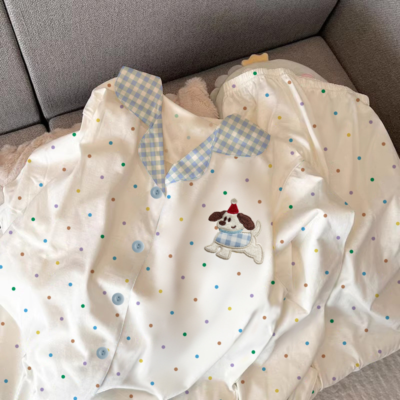 撞色可爱小狗春秋睡衣女日系ins波点长袖夏天宽松家居服套装批发|undefined