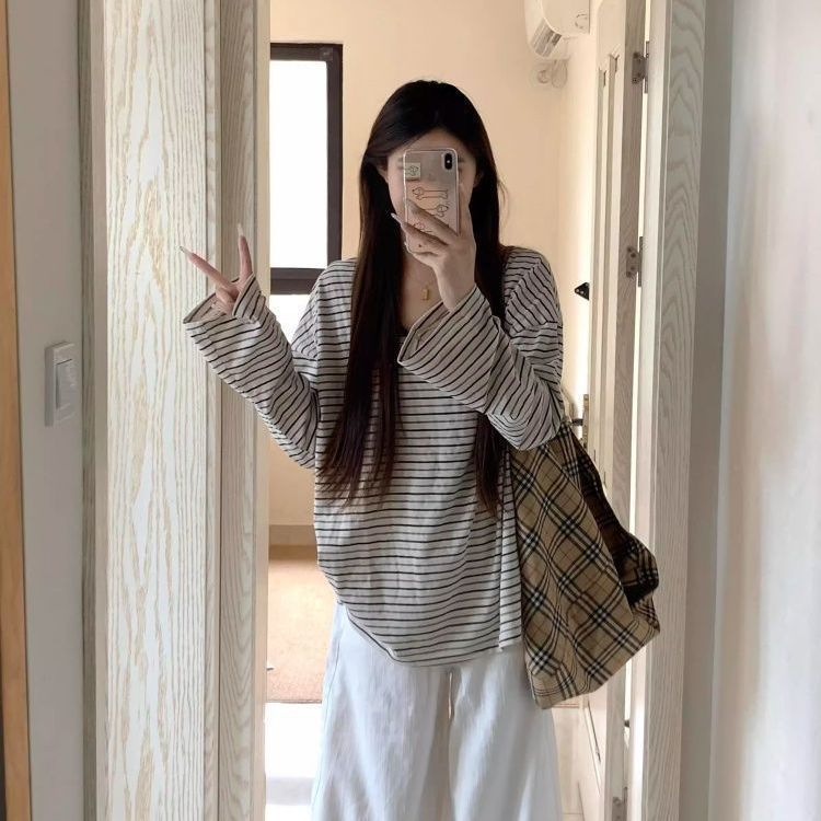 美式复古u领条纹长袖t恤女早秋新款宽松显瘦松弛慵懒防晒罩衫上衣|undefined