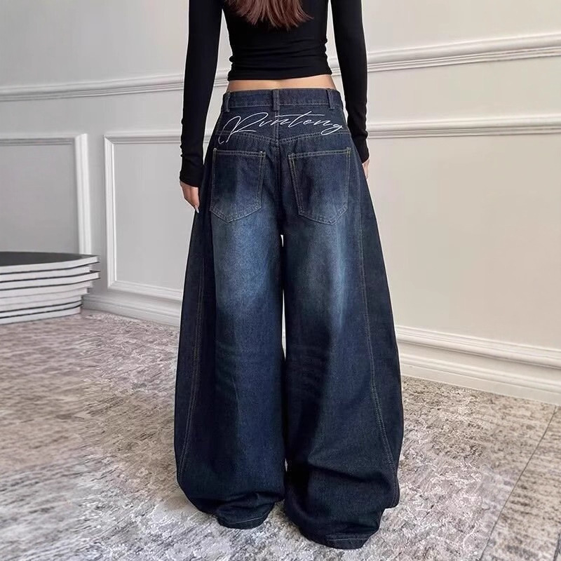 American Retro Niche Print High-Waisted Wide-Leg Jeans for Women, Spring and Summer Ins Trendy Cool Drape Slimming Straight Pants