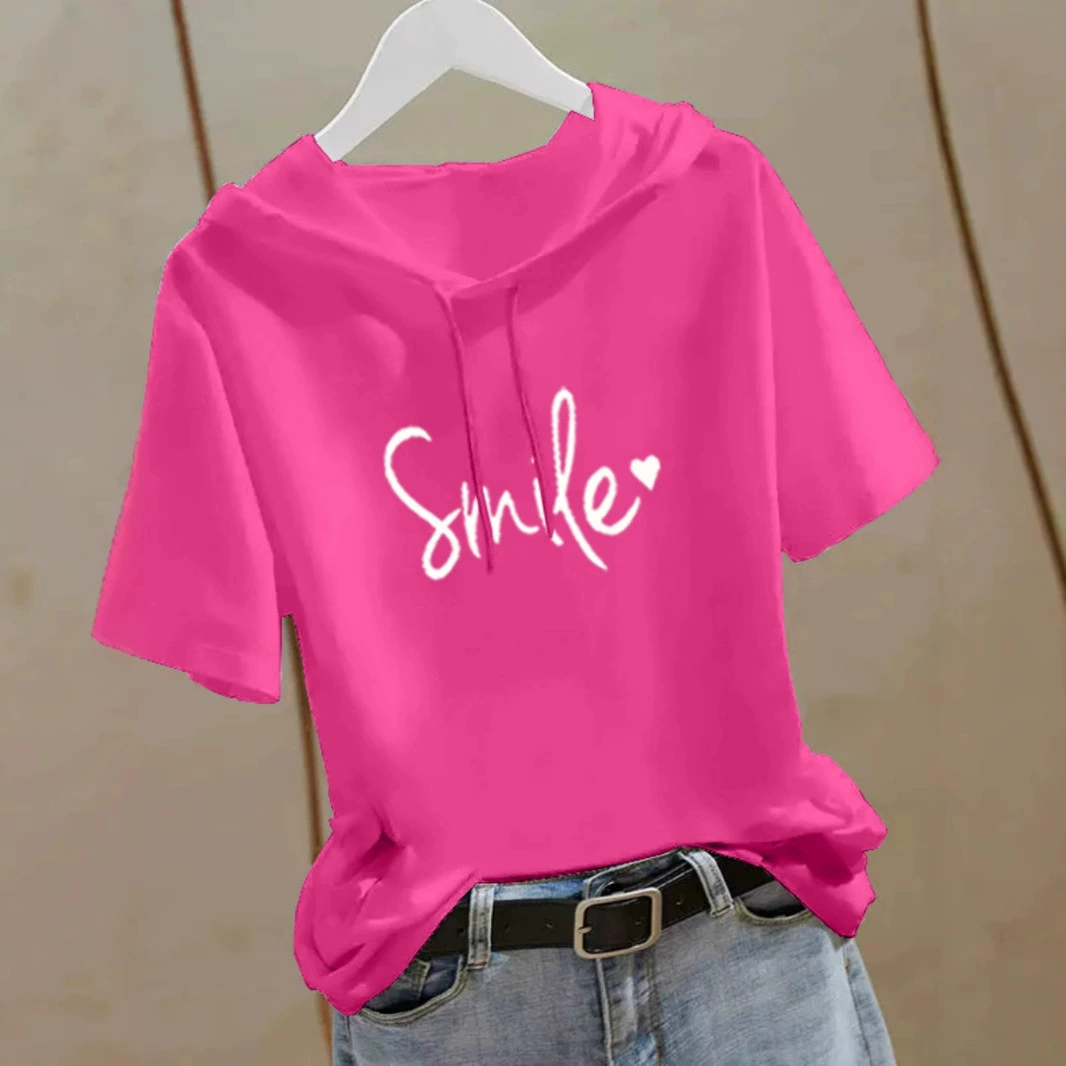 Розово-красная толстовка с короткими рукавами, женская свободная толстовка с капюшоном, новинка 2023 года, летняя футболка в стиле k-style с капюшоном и половиной рукавов, топ