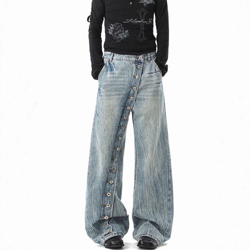 High Street Lightning Pattern Diagonal Zipper Jeans for Men, Spring American Design Wide-Leg Pants, Trendy Brand Washed Floor-Length Pants