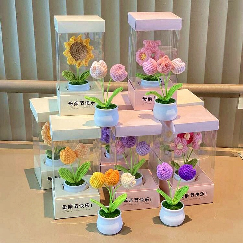 Mother's Day Hand Crochet Tulip Potted Plant Finished Yarn Simulated Flower Goddess's Day Little Red Book Style Gift Box Set