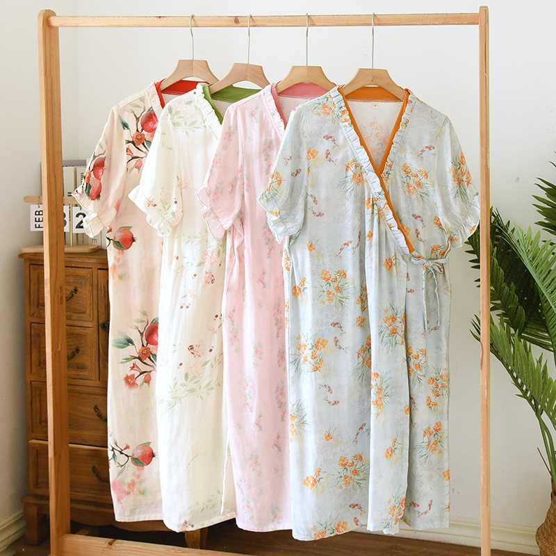 Bamboo Fiber Lace V Neck Nightgown for Women Spring and Summer Thin Bamboo Cotton Double-Layer Gauze Short-Sleeved Bathrobe Japanese Style Lace-Up Long Skirt