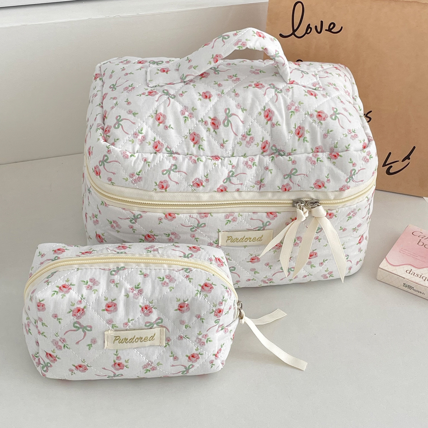 Streetwear Style Streetwear Ditsy Floral Bow Knot Quilted Cotton Sewing Thread Square Makeup Bags