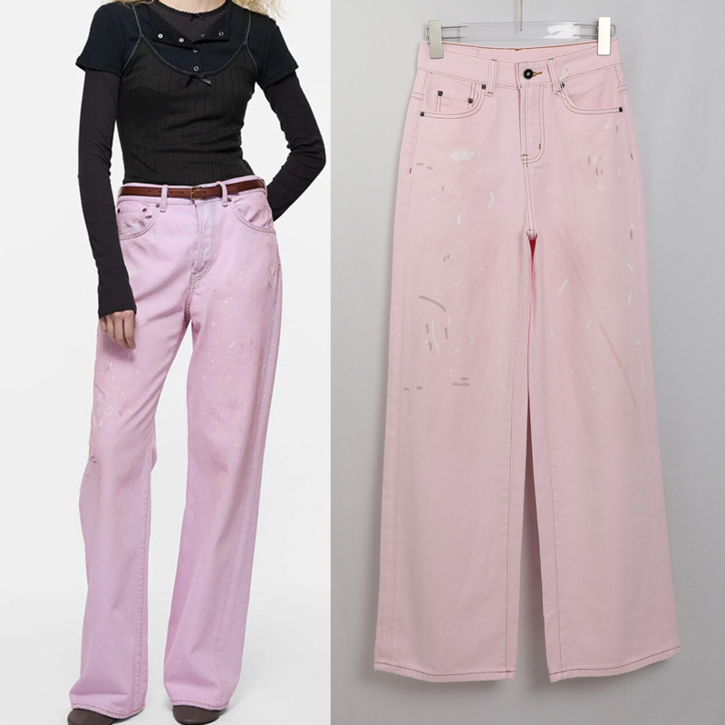 Ac Pink Straight-Leg Jeans for Women, Distressed with Splatter Paint, High-Waisted, Loose Fit, Versatile, European and American Style, 2026 New Model Ac Pink Straight-Leg Jeans for Women, Distressed with Splatter Paint, High-Waisted, Loose Fit, Versatile, European and American Style, 2026 New Model