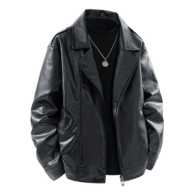 Cross-Border American Retro Pu Leather Jacket, Shoulder Design, Side Zipper Placket, Crocodile Pattern Coating