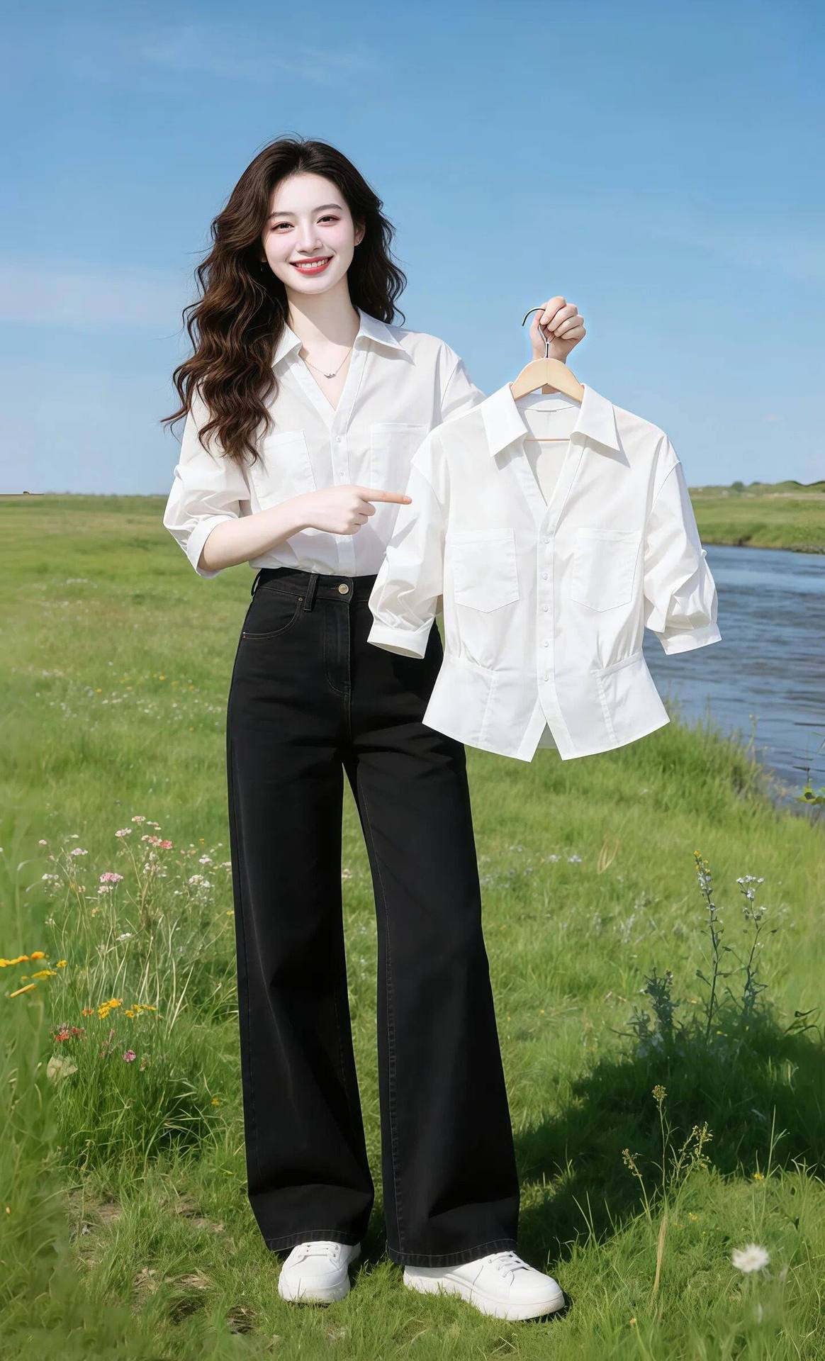 Áo sơ mi nữ tay ngắn cổ polo thắt eo dáng suông mỏng nhẹ — màu trắng chi tiết 5