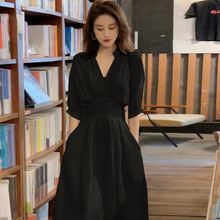 QZ033- 大码女装V领衬衫连衣裙收腰显瘦中长款裙子