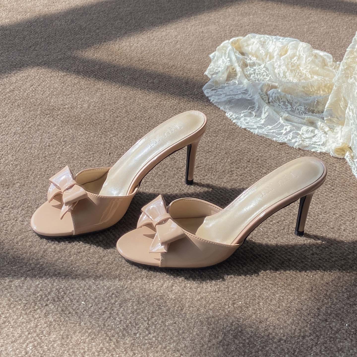 2026 New French-Style Nude Sweet Bow High Heels Women's Stiletto Elegant Open-Toe Sandals for Summer