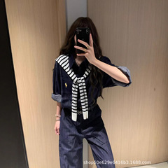 现货RL天丝牛仔套装衬衫+条纹披肩+阔腿裤老钱风松弛慵懒三件套