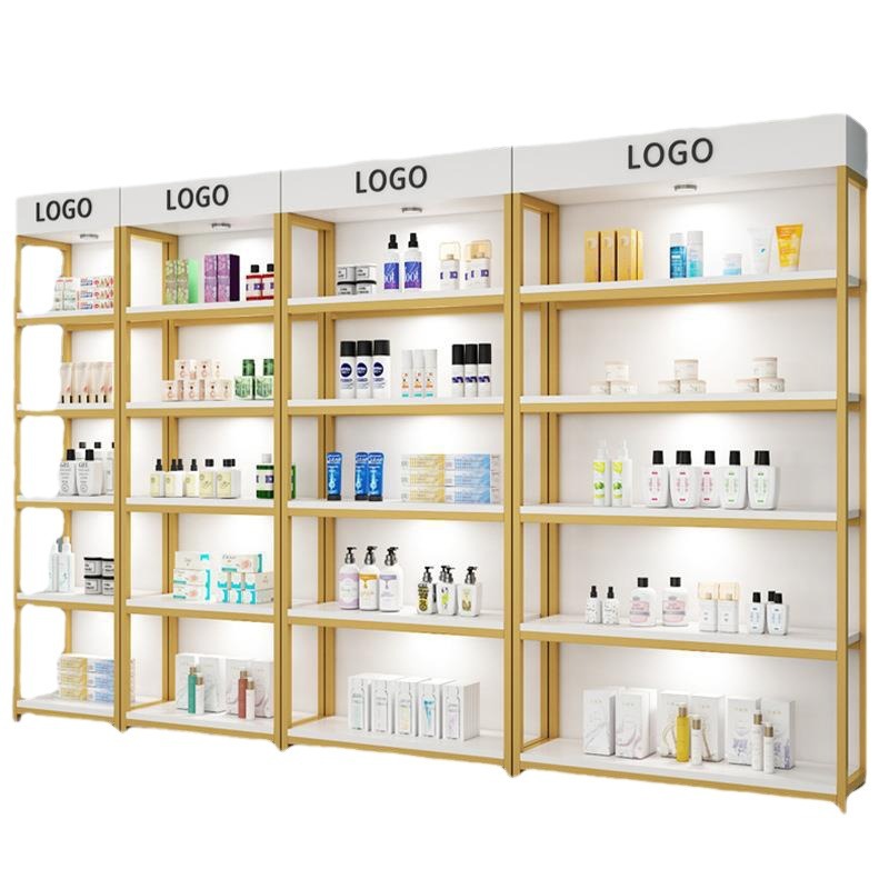 Estante de Exhibición para Supermercado, Exhibidor de Cosméticos para Tienda de Belleza, Vitrina de Múltiples Niveles, Estantes de Acero y Madera para Productos de Papelería al por Mayor