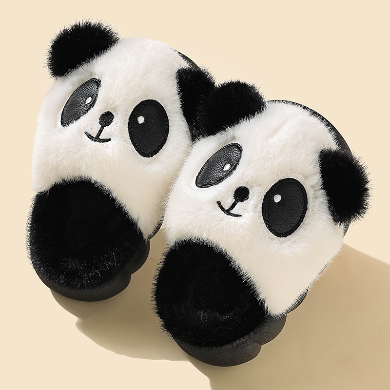 Zapatillas de algodón de invierno para niñas calentadas y peludas lindas para niños en casa, paternidad antideslizante para niños pequeños y medianos, panda de algodón