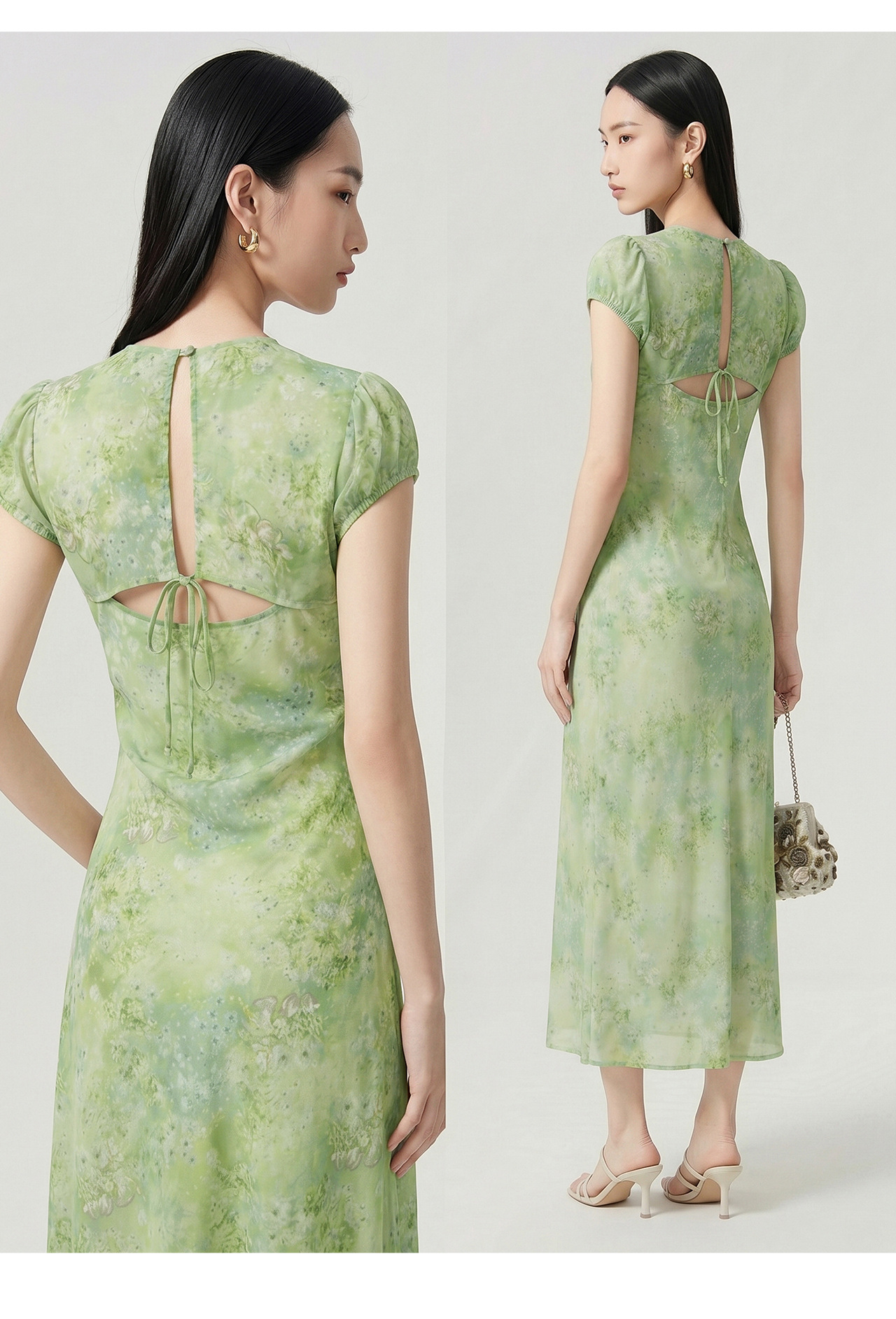 Đầm suông midi họa tiết hoa Monet khoét lưng — màu hồng chi tiết 14