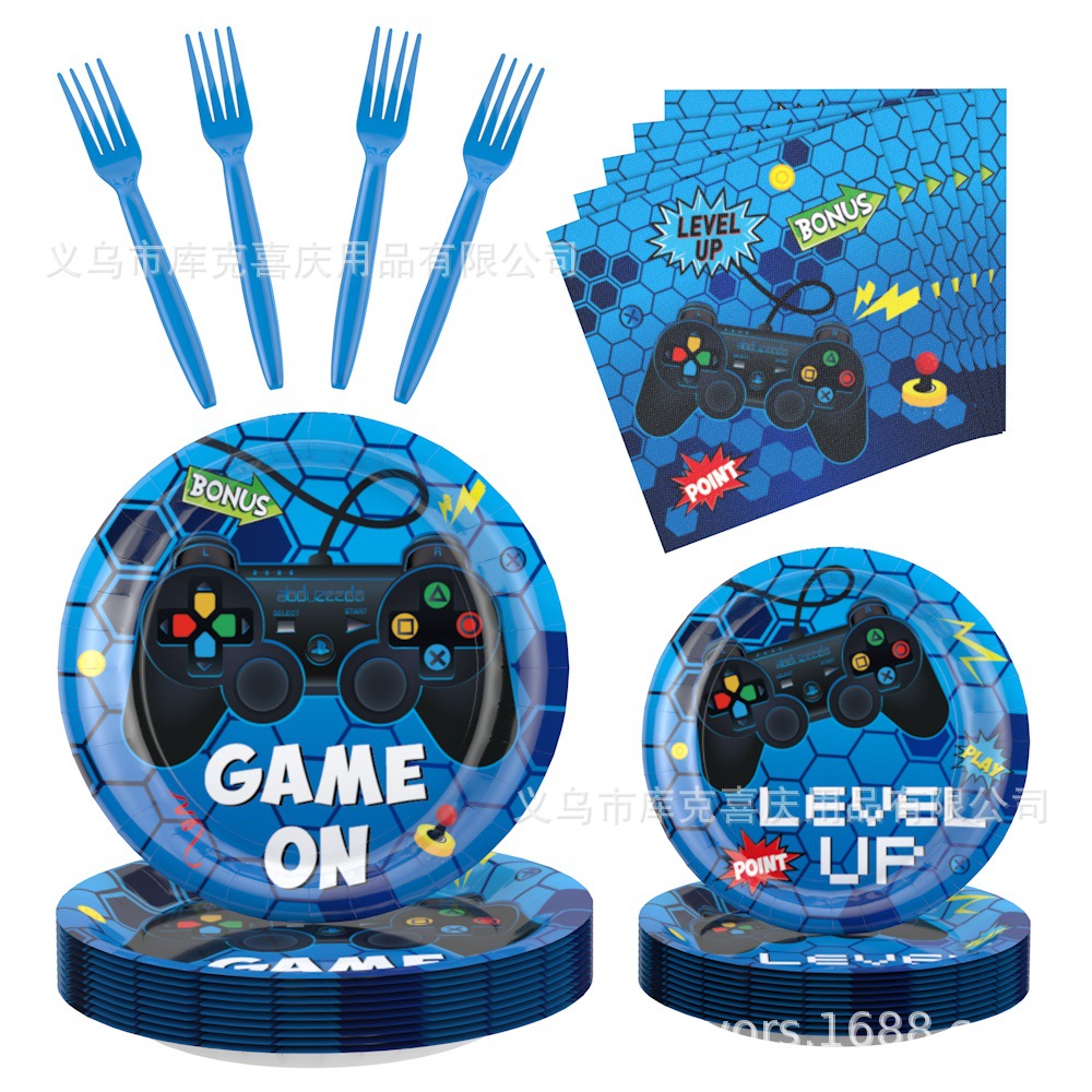 Nuevos juegos azules con tema de decoración de fiesta para niños cartón de cumpleaños tazas de papel con bandera de globo conjunto de decoración