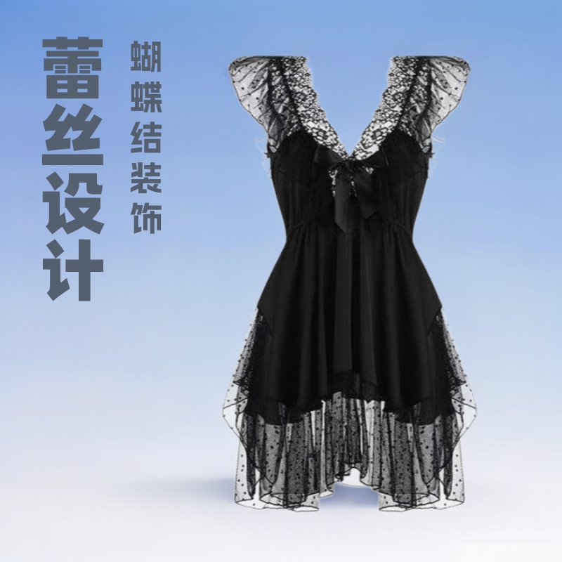 New Sexy Mesh Lingerie, Passionate and Sweet Bow Lace Suspender Nightgown, Women's Home Wear Pajamas